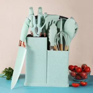 Silicone Kitchen Utensil Set with 19 Pieces and Wooden Handles